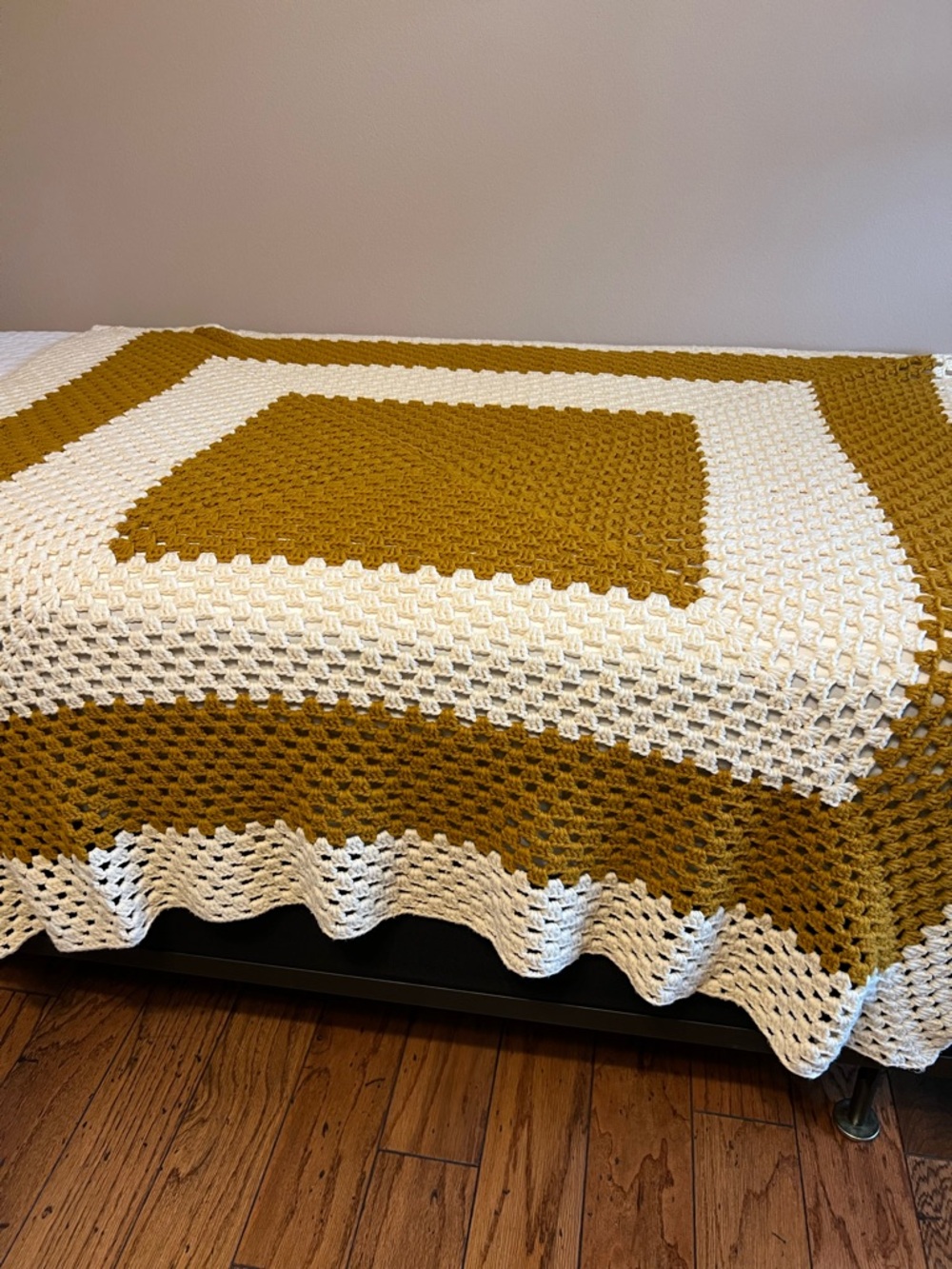 Handmade Mustard and Cream Crochet Throw Blanket